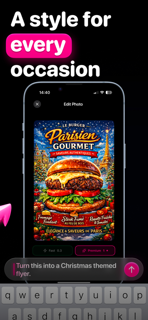 Interfaz de la aplicación FlyerLab que muestra un póster de hamburguesa gourmet temático de Navidad creado con IA.