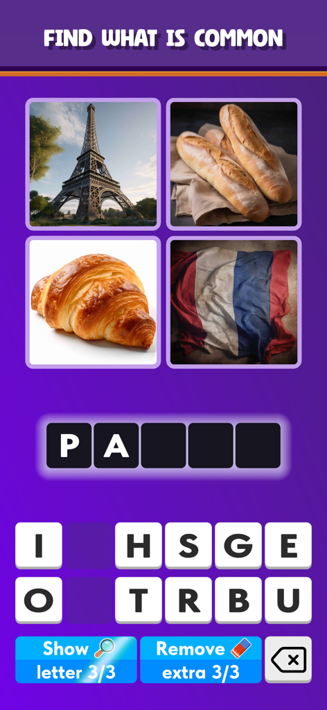 4 Pics 1 Word - Guess Picture - A word puzzle game screen with images of the Eiffel Tower baguettes a croissant and the French flag