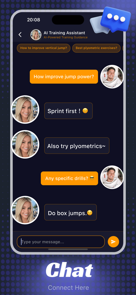 Lvxo - Exercise & Enjoy - Interface of the Lvxo app showing an AI training assistant providing tips on jump power and plyometrics.