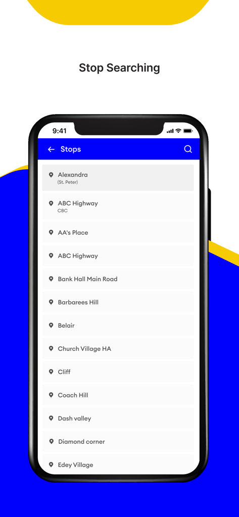 Transitbb - A list of bus stops in Barbados displayed on the Transitbb mobile app.