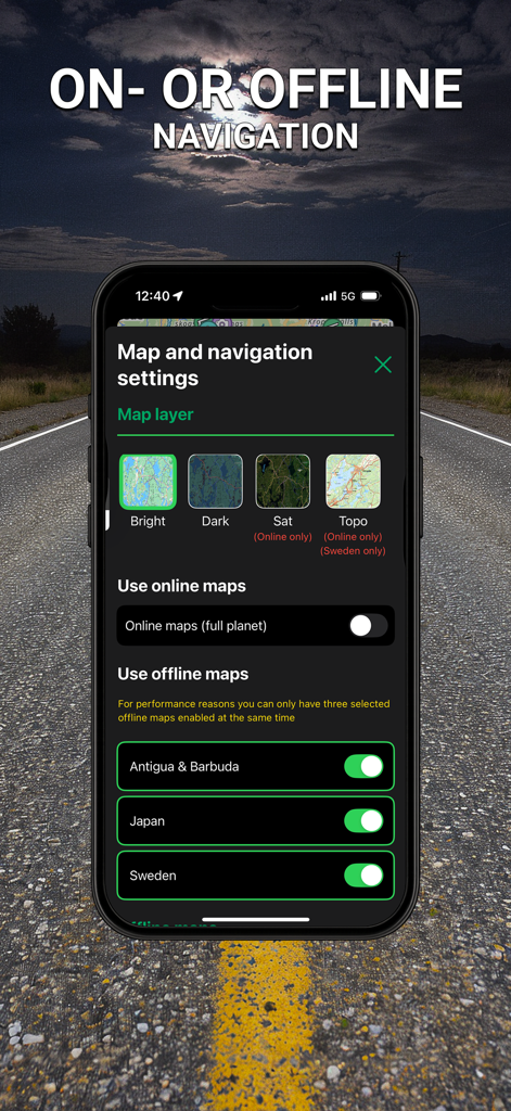 Stegra.io app interface showing map layer selection and offline navigation settings for motorcycle riders