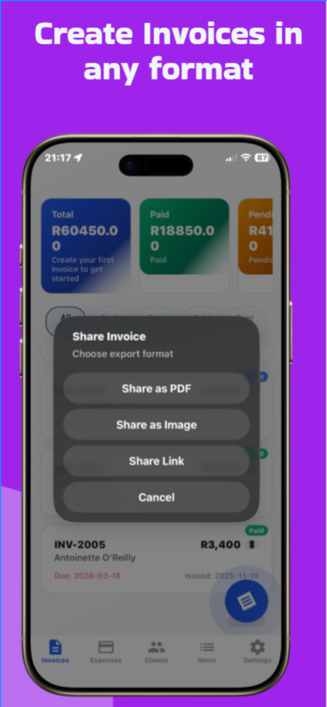Interface móvel mostrando opções de exportação de fatura, incluindo compartilhamento em PDF e imagem