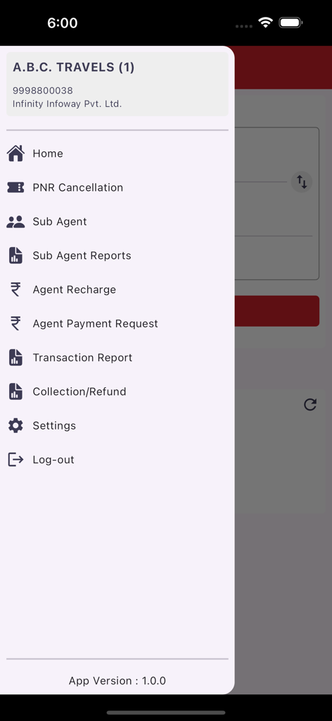 i Agent Infinity - Main navigation menu of the i Agent Infinity app showing business management tools