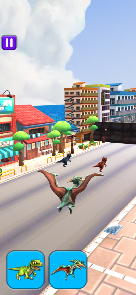 Dino Shape Shifting Transform - A pterodactyl flying through an urban race in a dinosaur shape shifting game
