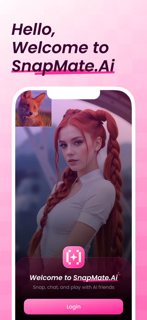 SnapMate AI welcome screen with a red haired AI character
