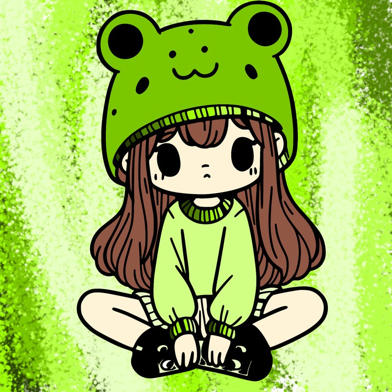 a girl wearing a frog hat and some frog socks
