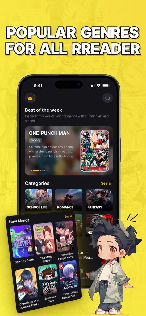 Manga Man: Top Manga Reader Up - Manga Man app interface displaying popular categories like school life and romance and a selection of trending manga