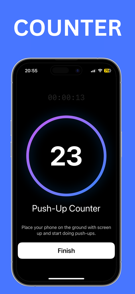 Pushup Tracker & musclebooster - A mobile app interface showing a digital push-up counter with twenty-three reps completed and a workout timer