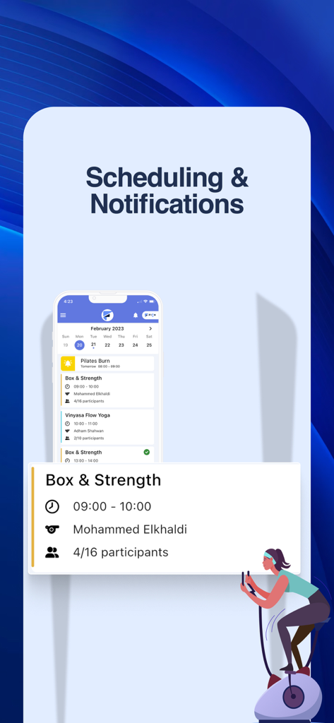 Fitx - App - Fitx app interface showing scheduling and notifications for fitness classes like box and strength with trainer info