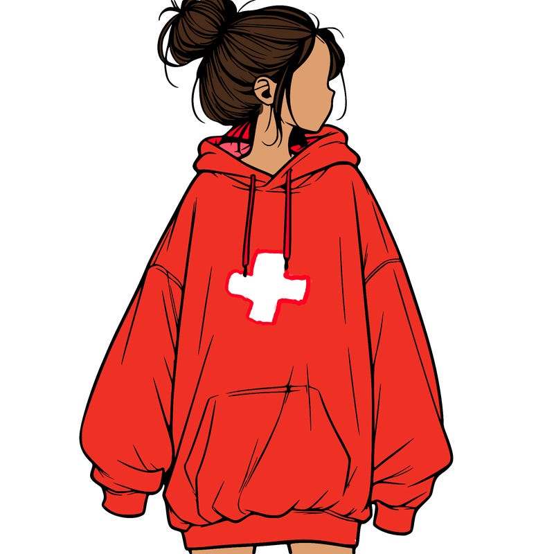 realistic girl with a oversized sweatshirt on and a bun