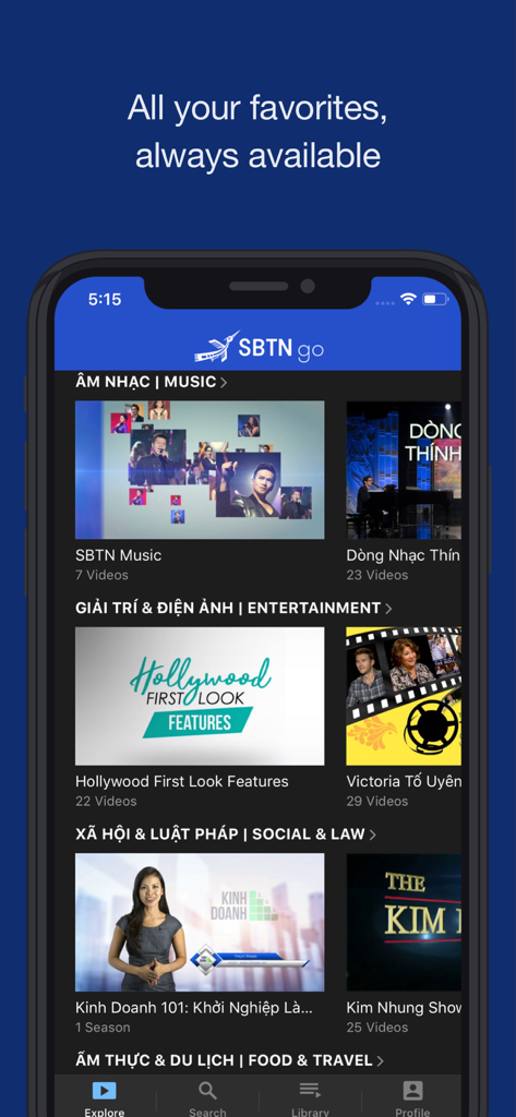 SBTN go app interface displaying various Vietnamese entertainment categories including music and social law programs