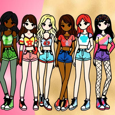 a group of girls wearing crop tops and shorts
