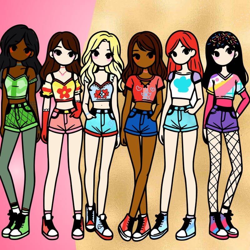 a group of girls wearing crop tops and shorts