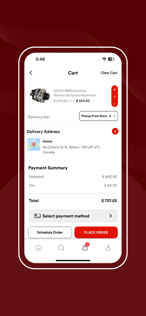 Insta Auto Parts - Checkout screen of the Insta Auto Parts app showing a car part in the shopping cart with pricing and delivery information