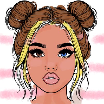 realistic girl with two buns on her hair and lips