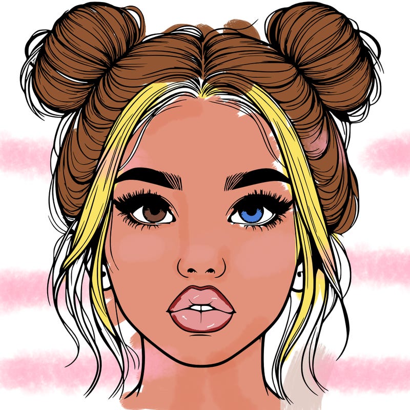 realistic girl with two buns on her hair and lips