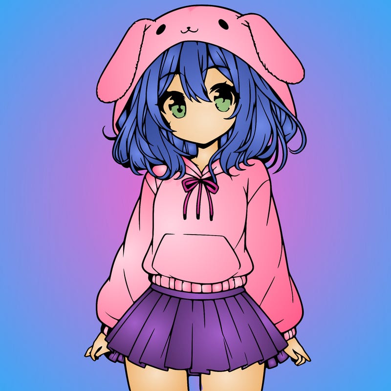 pretty anime girl wearing a fluffy hoodie with bunny ears on the hood and a skirt