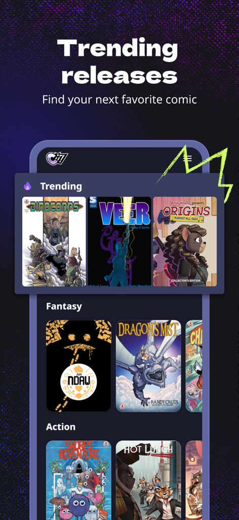Comixit! - Comics For All Ages - A mobile screen displaying trending and genre-based comic book covers in the Comixit app library