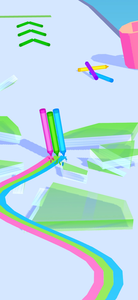 Lápices coloridos trazando una línea de arcoíris en la jugabilidad de Pencil Rush 3D