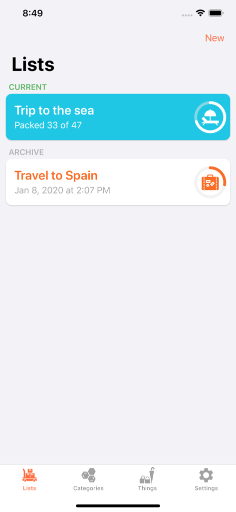 Screen showing current and archived travel packing lists in the ToPack app for iPhone.