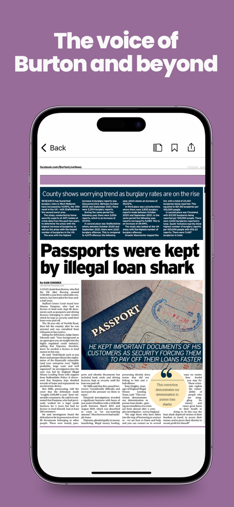 Burton Mail Newspaper - Burton Mail app displaying a local newspaper article on a smartphone screen