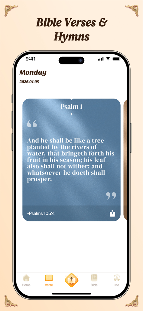 Bible Wallpaper - Una interfaz de aplicación móvil que muestra un versículo bíblico diario de Salmos 1 con un fondo elegante.