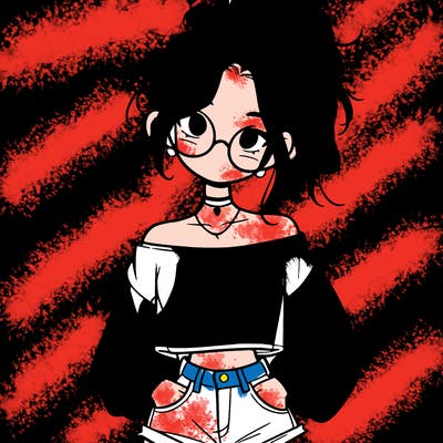 girl with a messy ponytail glasses a baggy crop top and jean shorts