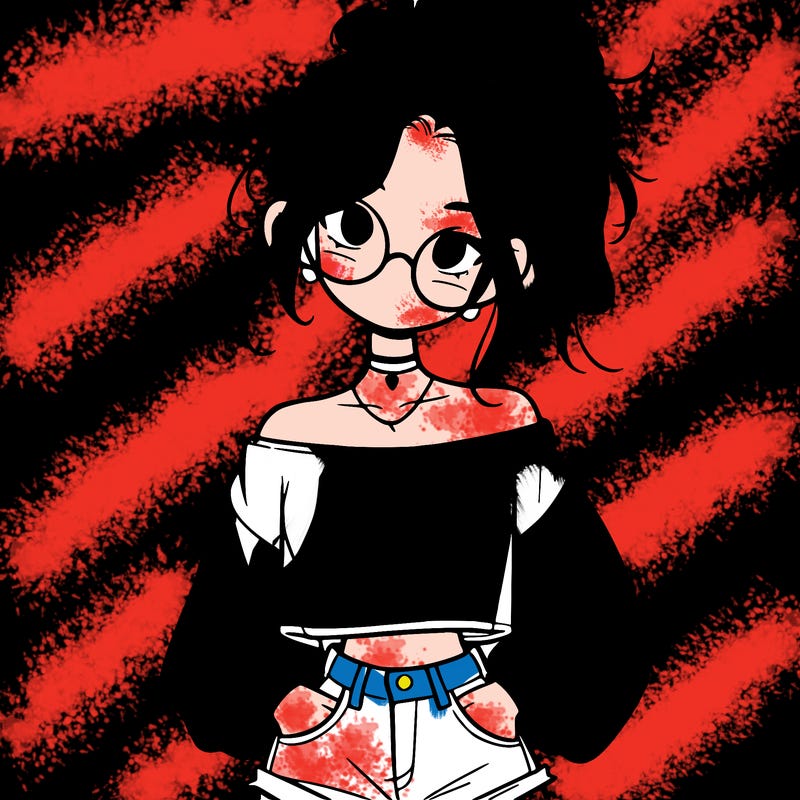 girl with a messy ponytail glasses a baggy crop top and jean shorts