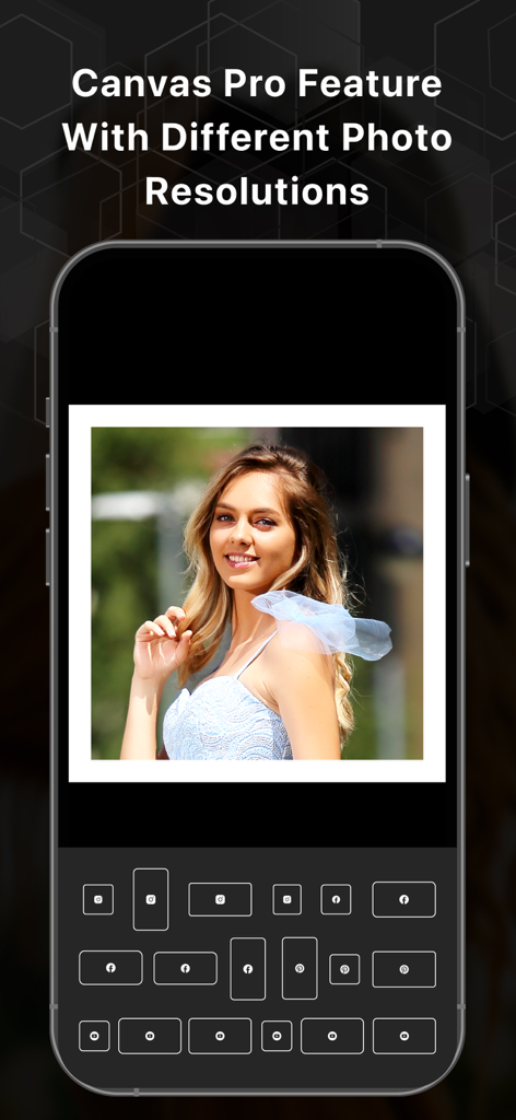 Photo Resizer & Compressor - Smartphone displaying the Photo Resizer app with preset aspect ratios for social media like Instagram and Facebook