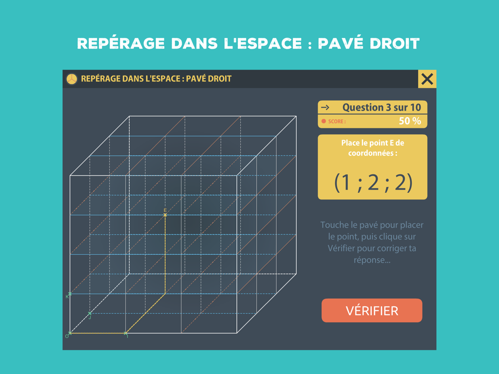 Repérage - Um ecrã educativo de iPad mostrando um exercício de geometria de coordenadas 3D onde o aluno deve colocar um ponto dentro de um prisma retangular.