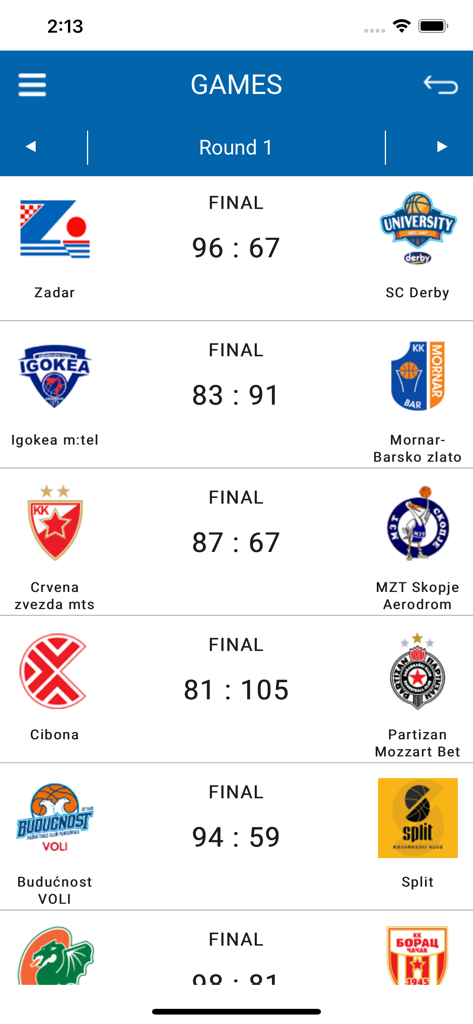 Screenshot dell'app ABA League che mostra i risultati delle partite e i punteggi finali per il Round 1.