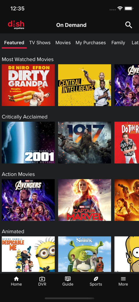 DISH Anywhere - La pantalla de selección de películas On Demand en la aplicación móvil DISH Anywhere.