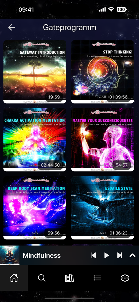 Selection of meditation and frequency programs in the Brainwave3D app Gate Program screen.