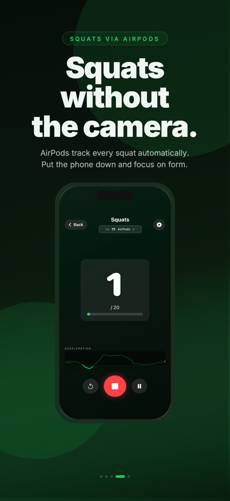 Rep Counter: Workout Tracker - Rep Counter app interface tracking squats using AirPods motion sensors