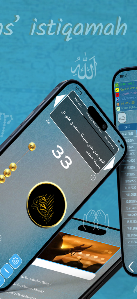Qibla Finder, Qibla Compass AR - Mobile interface of the iQibla app showing a digital tasbih counter and a daily prayer tracking log