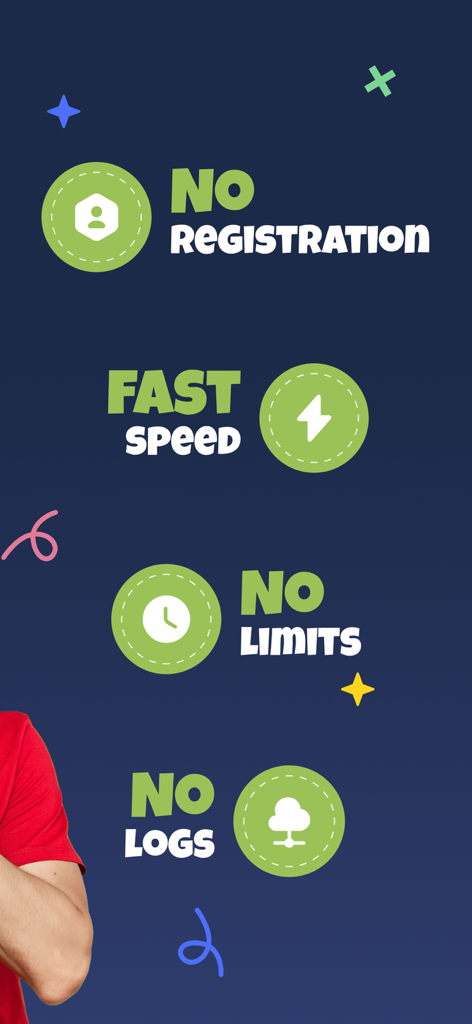 VPN Turkey – Fast and Private - Gráfico listando os principais recursos do aplicativo VPN Turquia: sem registro, velocidade rápida, sem limites e sem logs.