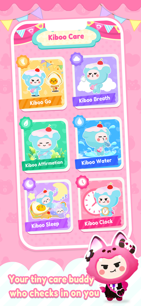 Kiboo: Your AI Friend - Écran Kiboo Care affichant des habitudes d'auto-soin comme la marche, la respiration et l'hydratation.