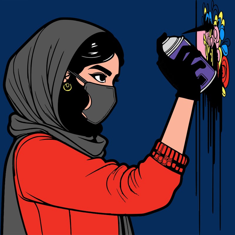 realistic girl with mask spray painting a wall