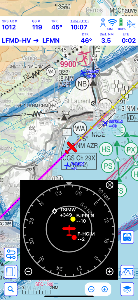 Airmate - Airmate flight navigation interface showing a moving map with integrated traffic radar and flight telemetry