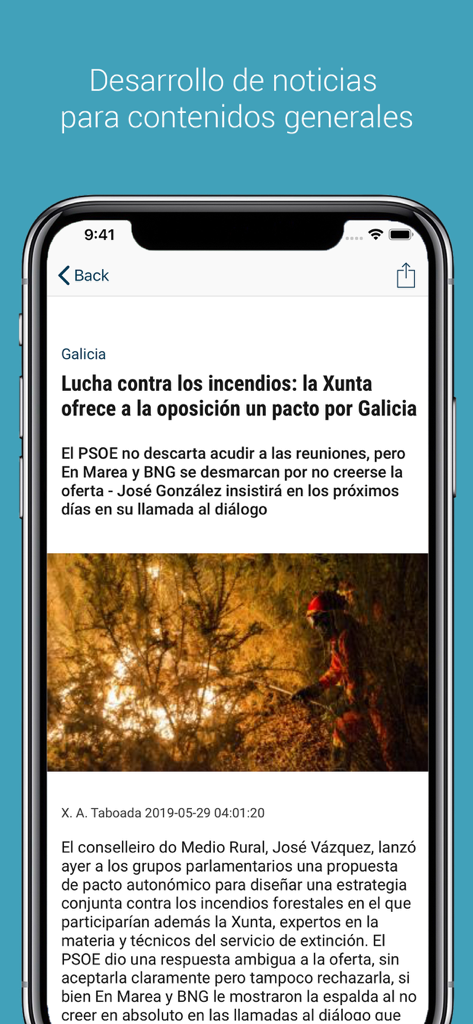 Faro de Vigo - Screenshot of Faro de Vigo app showing a news article about forest fire prevention in Galicia