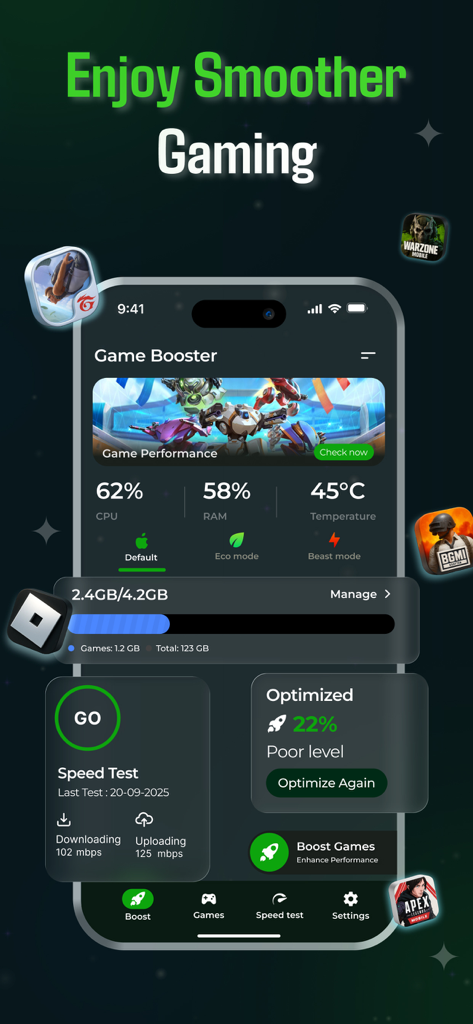 PlayFast - GFX 4X Game Booster - PlayFastアプリのインターフェース。CPU使用率、RAMレベル、デバイス温度監視を含むゲームパフォーマンスメトリクスを表示。