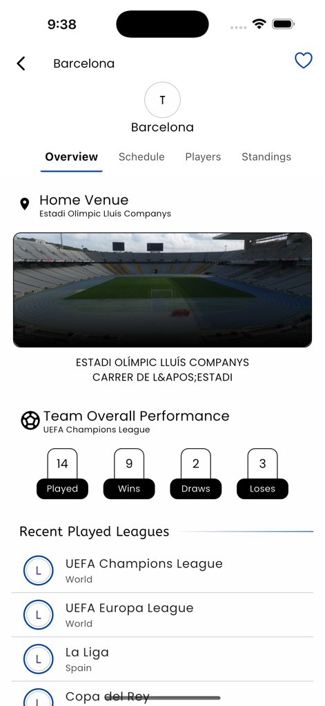 Nova Soccer Hub app screen showing Barcelona team overview with home venue image and performance statistics