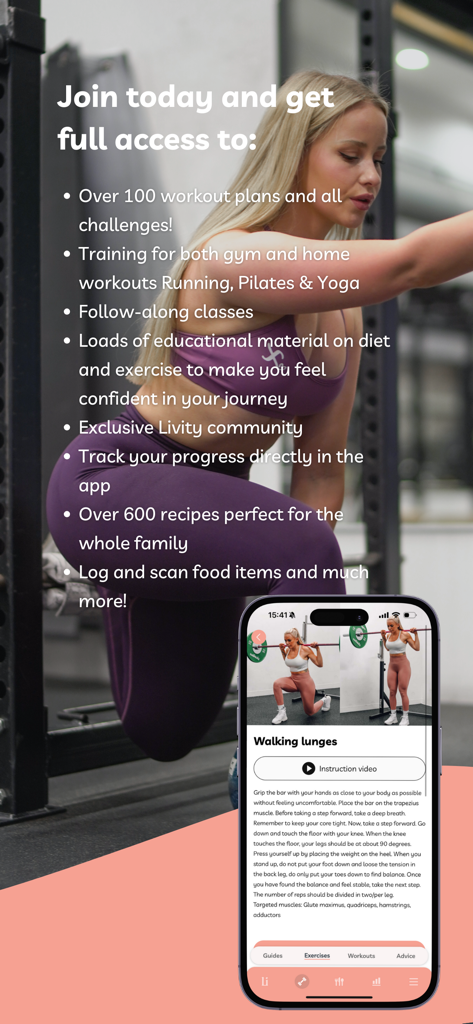 Livity - Aperçu des fonctionnalités de l'application Livity avec un smartphone affichant un guide d'exercice de fentes marchées.
