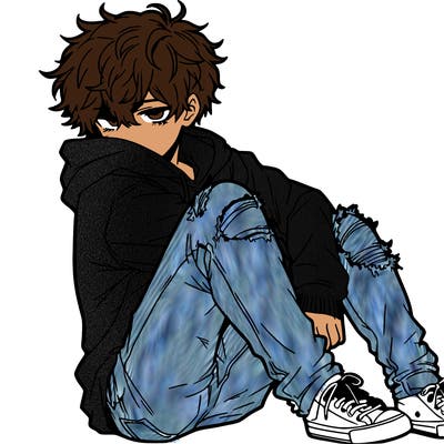 a male hoddie ripped jeans messy hair anime