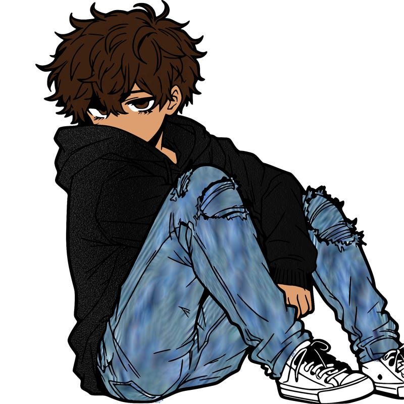 a male hoddie ripped jeans messy hair anime