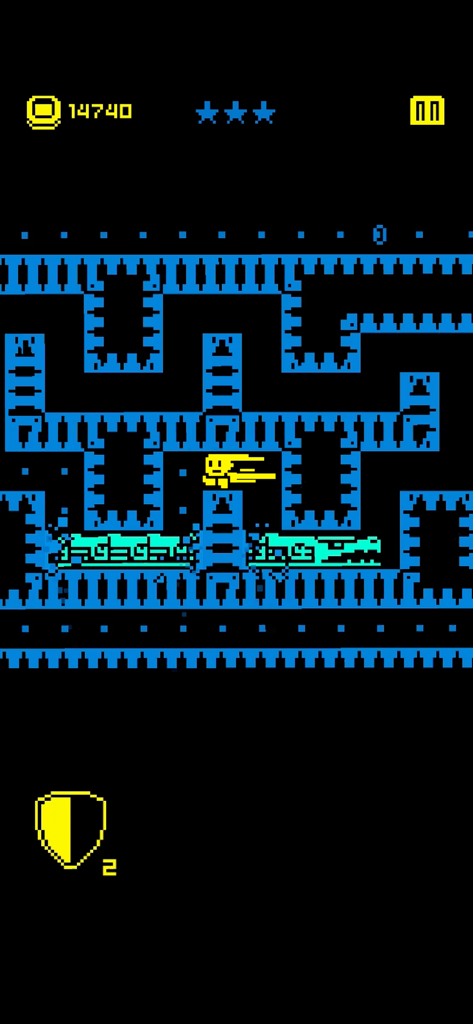 Tomb of the Mask: Pixel Maze - Personaje de píxeles amarillos navegando a través de un laberinto azul neón en Tomb of the Mask.