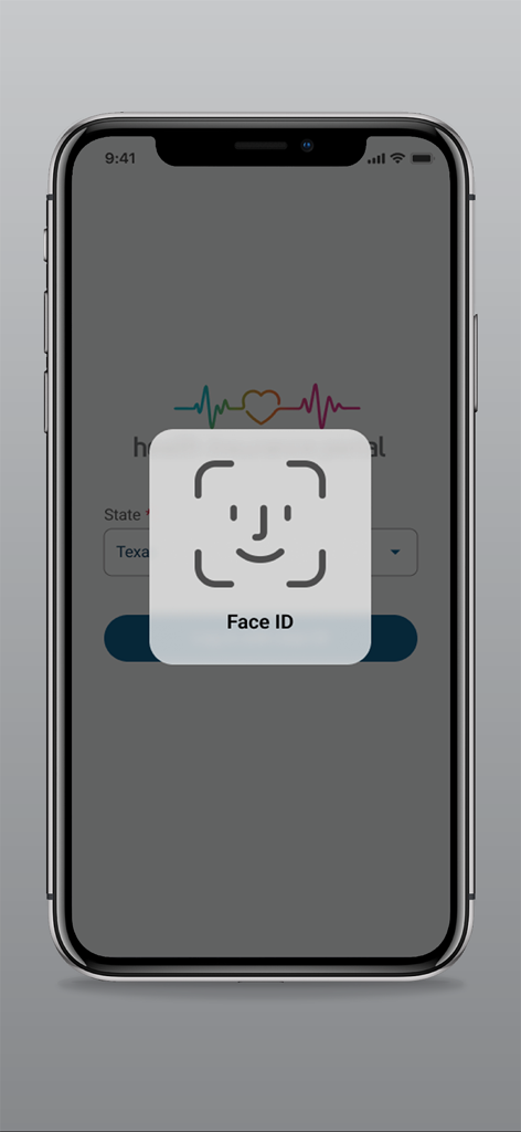 Health Insurance Portal app login screen with Face ID authentication pop up