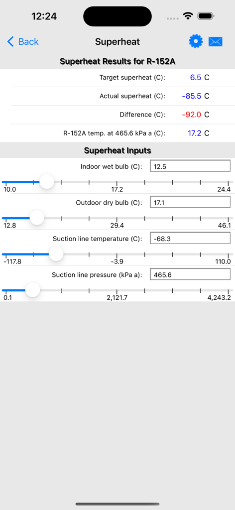 HVAC RefCharge - HVAC RefCharge app screen displaying superheat calculation results and input sliders for R-152A refrigerant