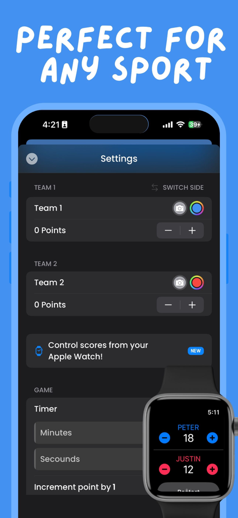 Scoreboard: Keep 2 Teams Score - Tela de configurações do aplicativo Scoreboard no iPhone mostrando personalização de equipe e rastreamento de pontuação no Apple Watch