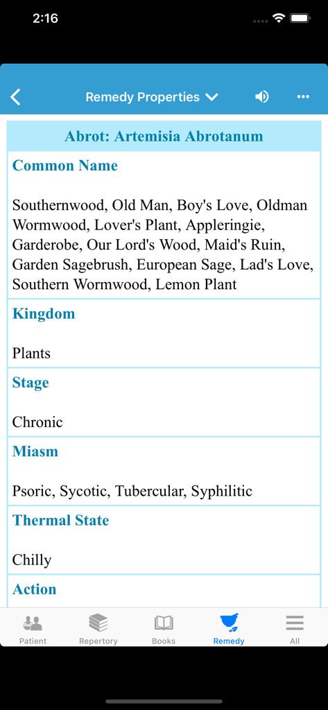 Zomeo app screen showing homeopathic remedy properties for Artemisia Abrotanum